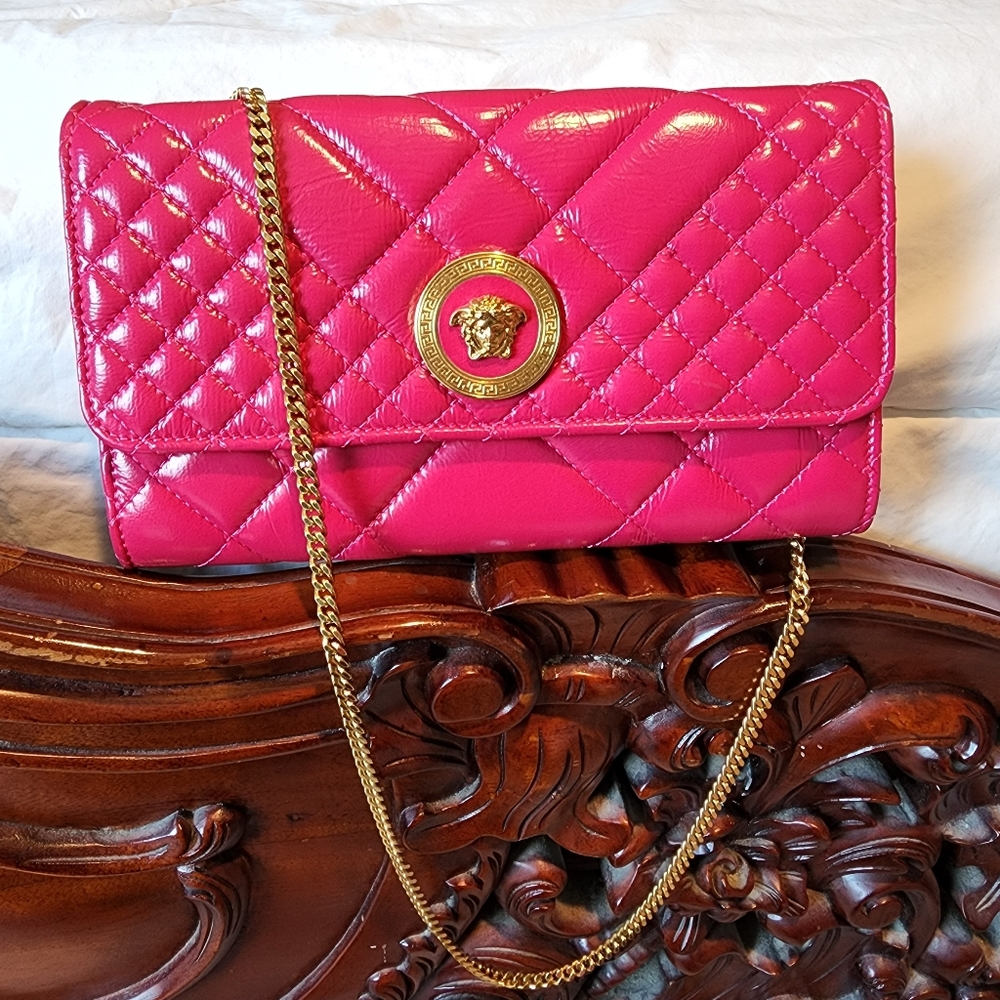 Versace pink Medusa Head Quilted Leather Wallet & versace magenta medusa wallet
